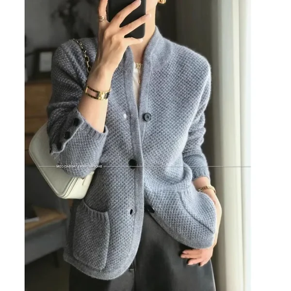 Autunno inverno nuovo addensato 100% Cashmere lana Cardigan donna Stand collo maglione maglione sciolto maglia Base maglione di lana giacca 2