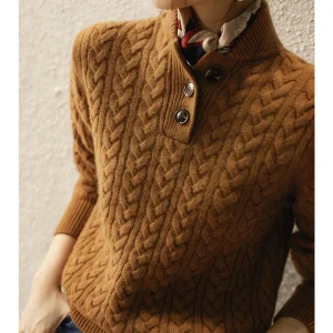 Pullover lavorato a maglia Top maglione, colletto rialzato, risvolto semiaperto, trama intrecciata, puro Cashmere, Baseball, elegante 1