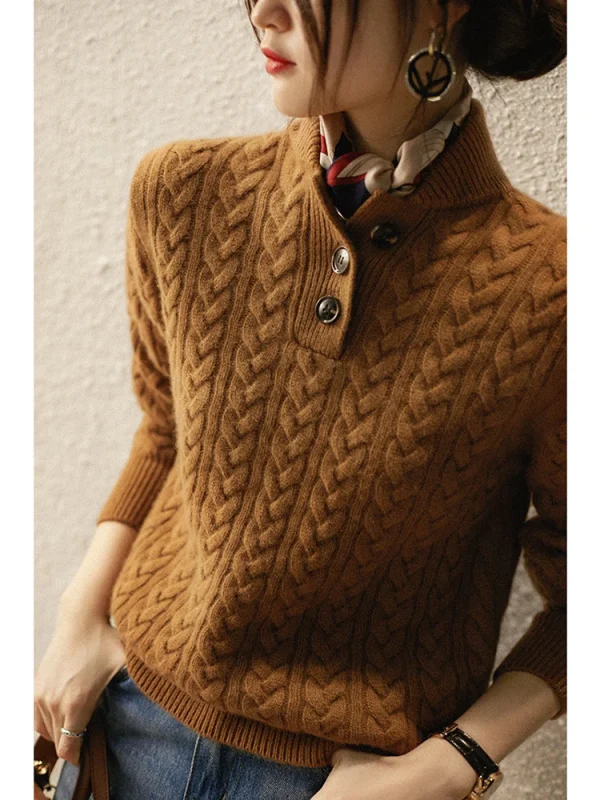 Pullover lavorato a maglia Top maglione, colletto rialzato, risvolto semiaperto, trama intrecciata, puro Cashmere, Baseball, elegante 1