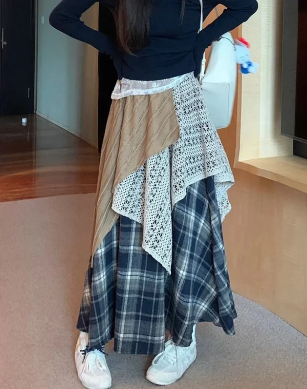 Gonne lunghe scozzesi vintage di design Donna stile coreano Gonna irregolare a vita alta allentata Casual Streetwear Gonna Y2k patchwork retrò 4