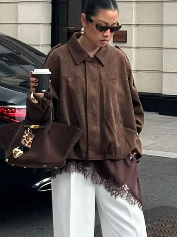 HH Nuove Donne Autunno Causale Allentato Pelle Scamosciata Texture Giubbotti Maniche Lunghe Solido Risvolto Cerniera Fly Cappotto Femminile di Moda di Strada Cappotti 3