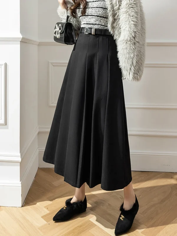 Gonna lunga a pieghe in lana invernale Moda coreana a vita alta A-line Office Maxi gonne Cintura femminile Marrone Nero Grigio Falda Plisada 3
