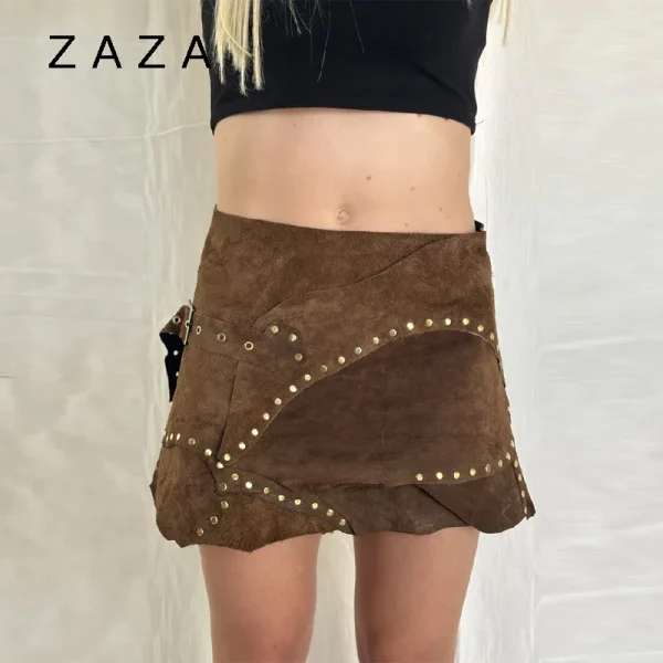 Gonna corta in pelle scamosciata con orlo irregolare Vintage Marrone Fibbia in metallo Cinghie avvolgenti Minigonne 2025 New Lady Autunno Inverno Y2k Abbigliamento 4