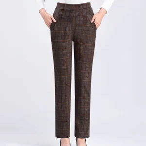 Autunno inverno 5XL addensare pantaloni dritti scozzesi Vintage All-match Casual Slim vita alta elastico donna moda pantaloni a matita 1