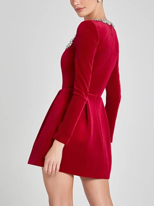Abito corto con perline in velluto Donna Slim Manica lunga Colletto quadrato A-line Abiti da festa a vita alta 2025 Abiti da sera da donna nuova 2