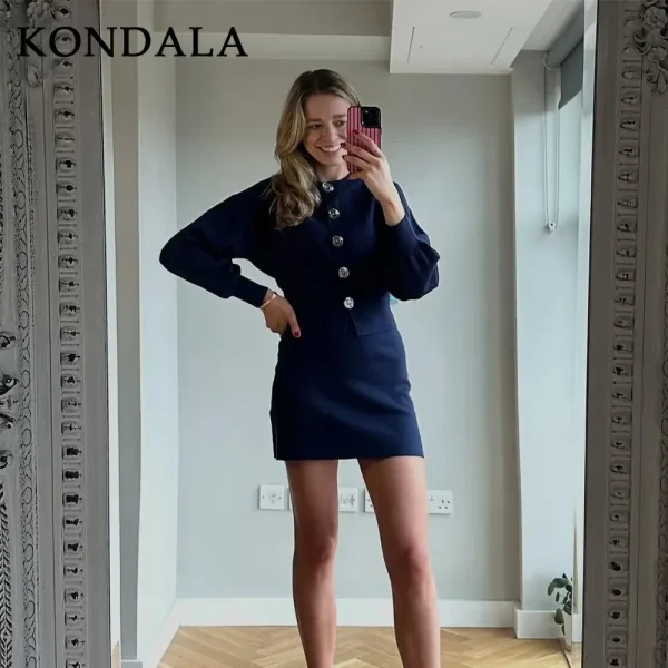 KONDALA 2025 Autunno Inverno Casual lavorato a maglia solido vestito da donna moda streetwear monopetto ONeck camicia chic gonna elastica in vita 2