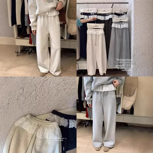 Pantaloni dimagranti a gamba larga Patchwork in pizzo con coulisse Pantaloni casual larghi da donna Lunghezza pavimento Stile pendolare Fibra di poliestere 2