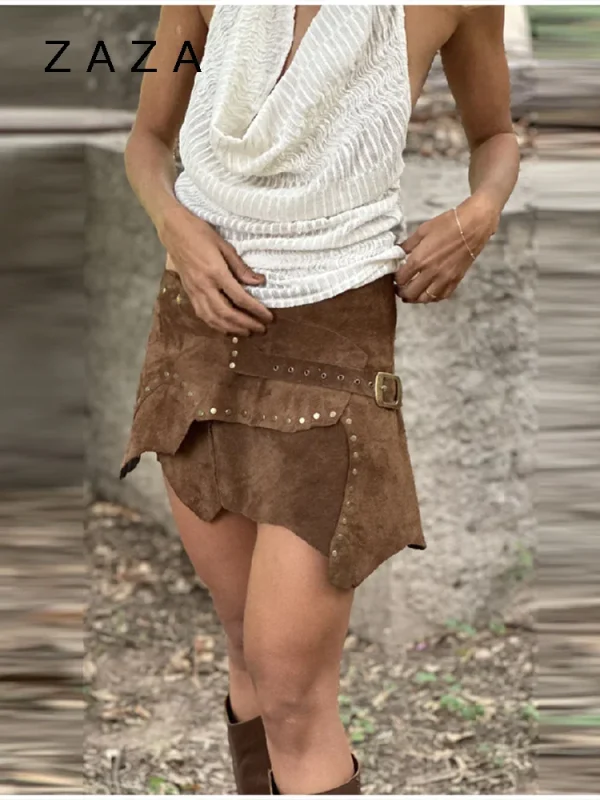 Gonna corta in pelle scamosciata con orlo irregolare Vintage Marrone Fibbia in metallo Cinghie avvolgenti Minigonne 2025 New Lady Autunno Inverno Y2k Abbigliamento 5