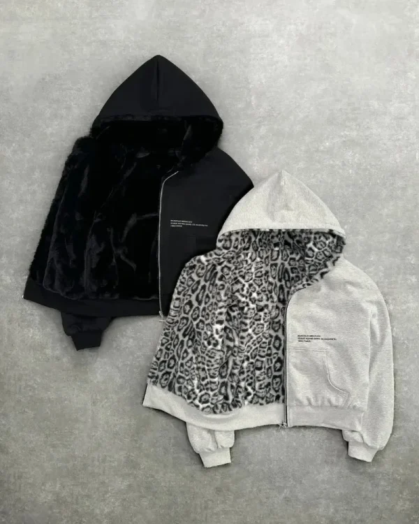 abbigliamento leopardato double face in autunno e inverno felpa casual da strada con cappuccio originale Kuaku retrò elegante con cerniera allentata 5