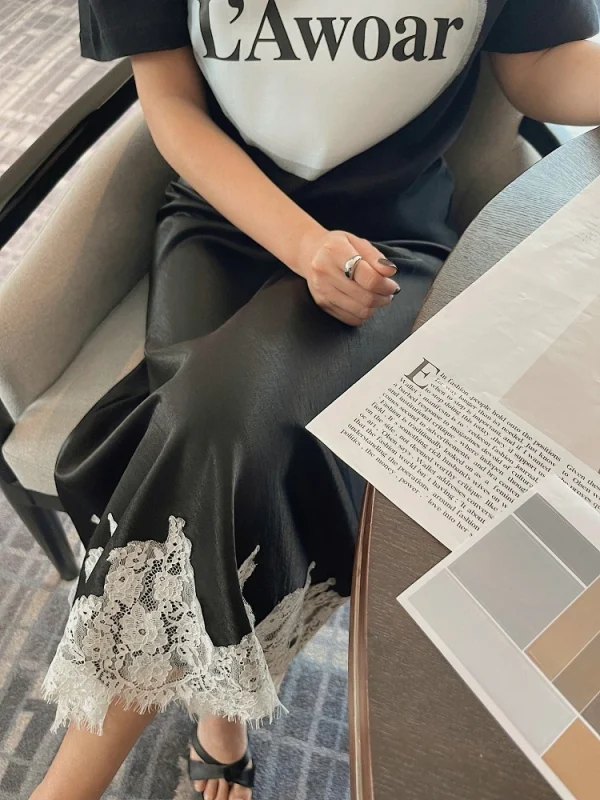 Gonna longuette patchwork in pizzo satinato 2025 Donna A-line elegante gonna liscia Abbigliamento donna 2