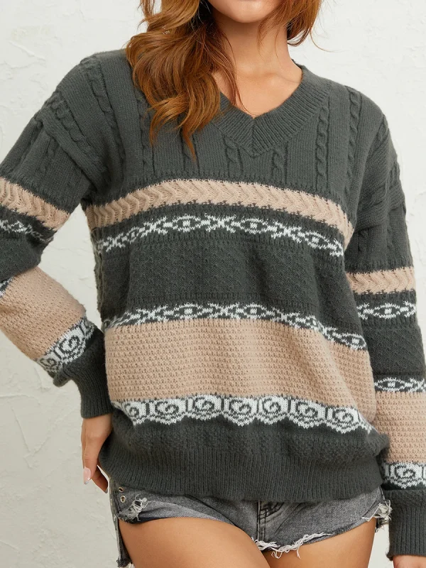 Moda donna maglione selvaggio a righe Patchwork scollo a v manica lunga oversize lavorato a maglia top 2024 autunno inverno Casual pullover larghi 3