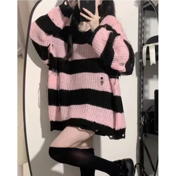 Primavera Autunno Nuovo maglione nero rosa da donna Primavera e autunno Top maglione lavorato a maglia a righe stile pigro allentato medio lungo 3