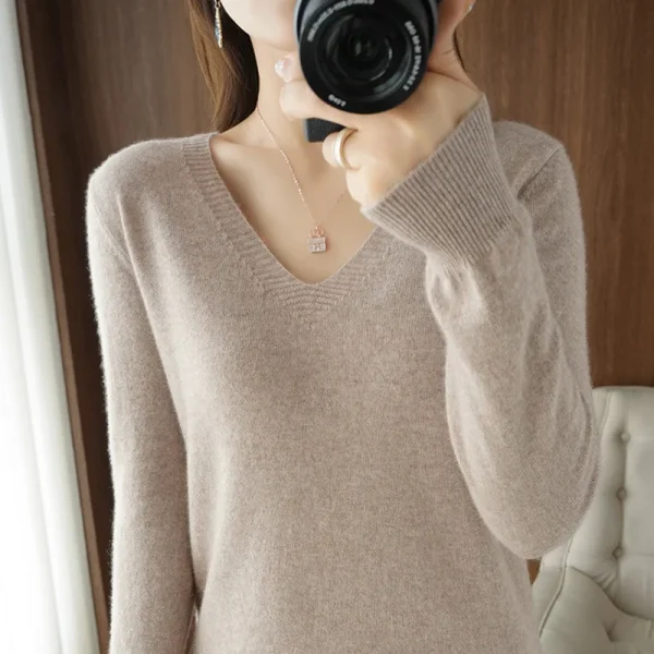 Nuovo maglione da donna con scollo a V in cashmere con scollo in pizzo, design scavato, maglione da donna a maniche lunghe lavorato a maglia casual autunno e inverno 2