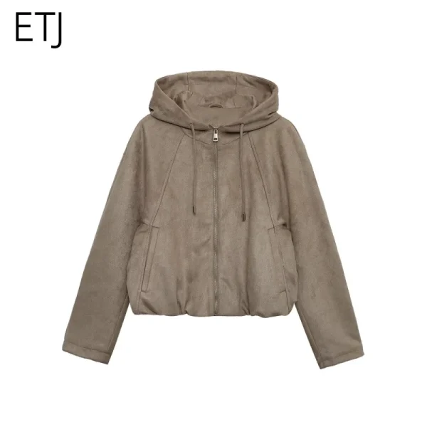 ETJ 2025 inverno nuova moda donna pelle scamosciata effetto texture bomber con cappuccio giacca casual versione ampia 3