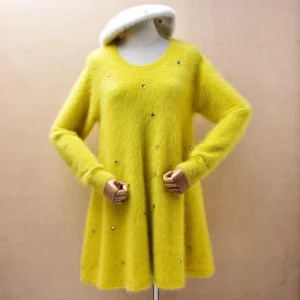 Donna Mujer Autunno Inverno Vestiti Moda Perline Visone peloso Cashmere Lavorato a maglia O-Collo Maniche lunghe Abito maglione maglione medio lungo 1