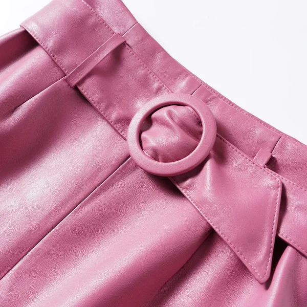 Gonna in vera pelle rosa moda donna a vita alta gonna morbida in pelle di pecora divisa sui fianchi gonna di media lunghezza slim fit primavera autunno 4