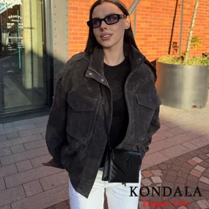 KONDALA Autunno Donna Elegante Giacca in pelle scamosciata Colletto rialzato Giacca ampia con cerniera grigia 2025 Giacca da donna streetwear autunno inverno 1