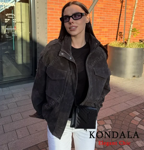KONDALA Autunno Donna Elegante Giacca in pelle scamosciata Colletto rialzato Giacca ampia con cerniera grigia 2025 Giacca da donna streetwear autunno inverno 1