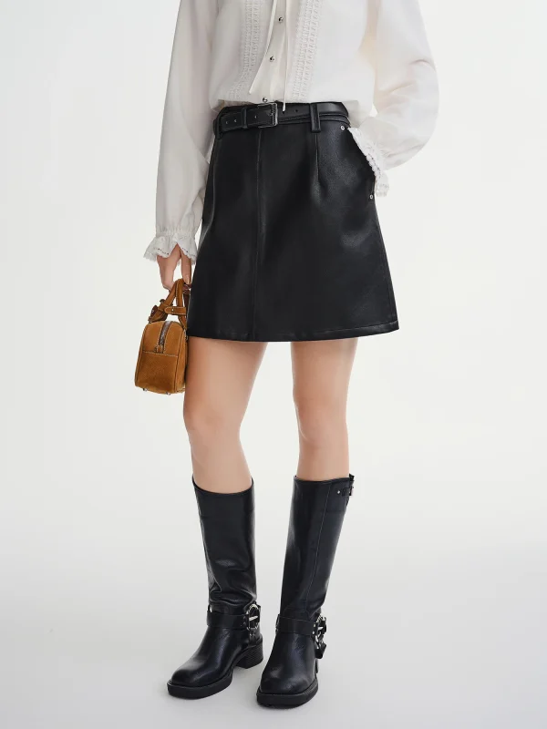 DUSHU Gonna in pelle a trapezio a vita alta da donna taglie forti Inverno 2025 Nuovo arrivo dalla mezza gonna della collezione marrone nero audace 4