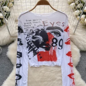 SINGREINY Ins Moda Streetwear Magliette e camicette Lettera Pittura Stampa Americana Retro T-Shirt Delle Donne 2024 Autunno Nuovo Sottile Causale Nozioni di Base Magliette e camicette 1