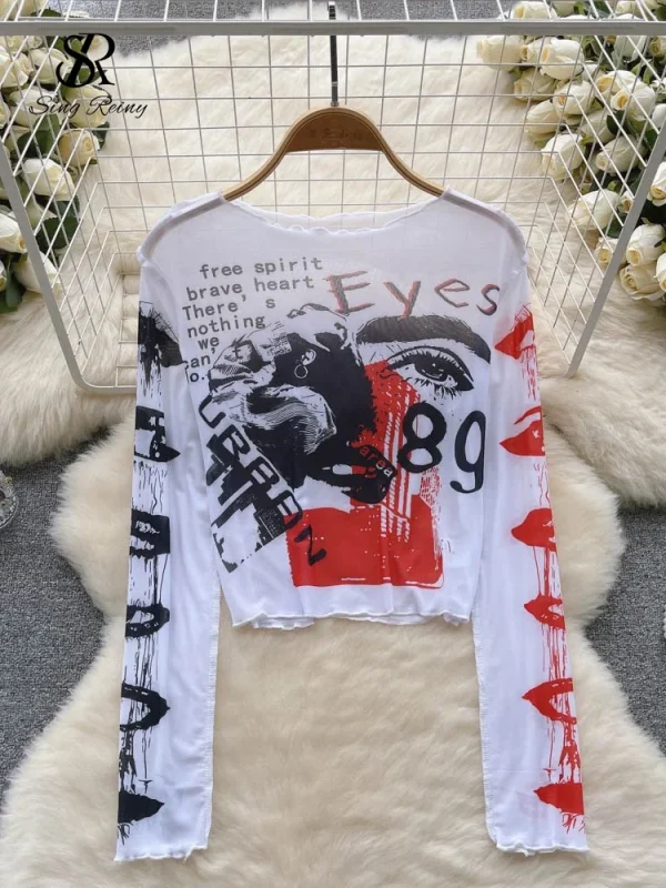 SINGREINY Ins Moda Streetwear Magliette e camicette Lettera Pittura Stampa Americana Retro T-Shirt Delle Donne 2024 Autunno Nuovo Sottile Causale Nozioni di Base Magliette e camicette 1