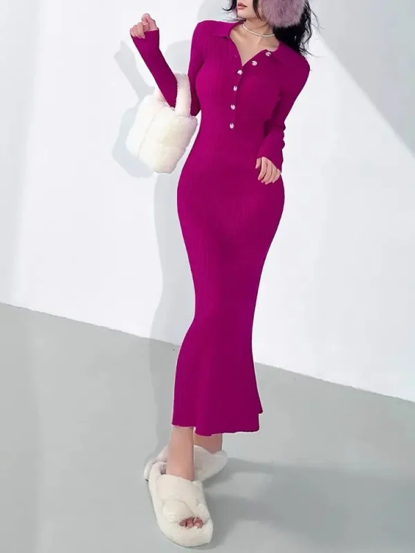 Eleganti abiti da festa per le donne 2023 abito autunno inverno elastico a maniche lunghe Slim Vintage Basic Knit Dress Y2k 3