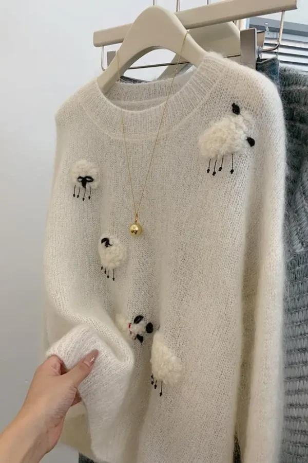 Maglione casual bianco per le donne 2025 Nuovo O-Collo a maniche lunghe Pullover in maglia calda Autunno Inverno Coreano Simpatici animali Top di lana 5