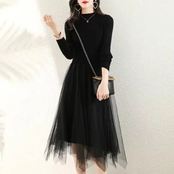 Autunno Inverno Abito lavorato a maglia nero Maglia con giunture Cappotto a maniche lunghe di media lunghezza Gonna base Collo alto a metà Lunghezza intera Orig cinese 2