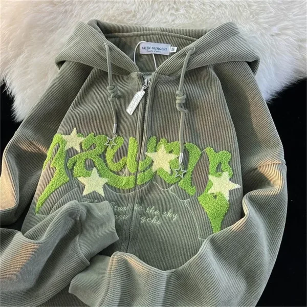 Felpe con zip ricamate alla moda da donna autunno top a maniche lunghe camicia con cappuccio allentato Harajuku Y2K abbigliamento giacca felpa femminile 3