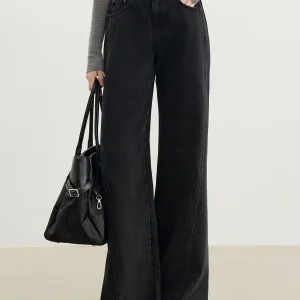 ZIQIAO 2025 Nuovo arrivo dimagrante a vita alta taglio dritto jeans a gamba larga elegante design raschiante denim di cotone per l'inverno 1