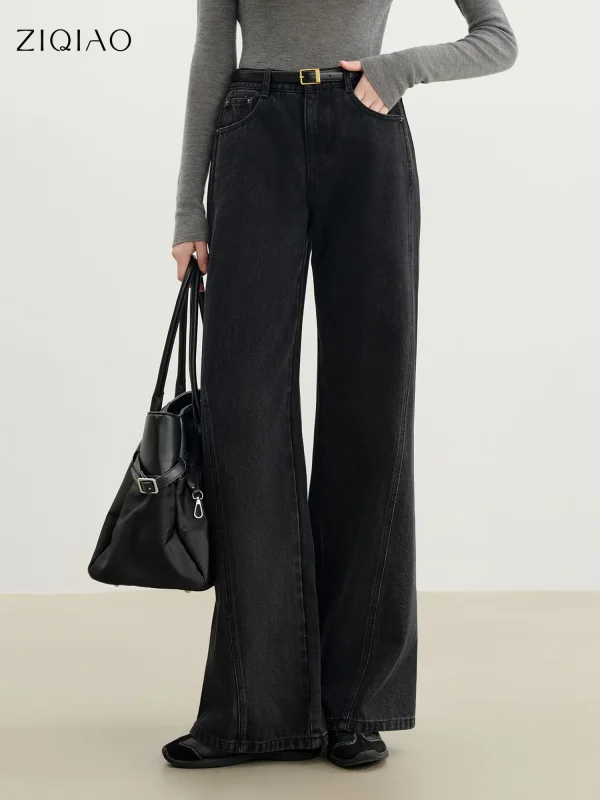 ZIQIAO 2025 Nuovo arrivo dimagrante a vita alta taglio dritto jeans a gamba larga elegante design raschiante denim di cotone per l'inverno 1