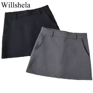 Willshela Minigonna a trapezio con cerniera posteriore solida moda donna Gonne da donna chic femminili a vita alta vintage 1