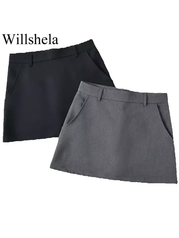 Willshela Minigonna a trapezio con cerniera posteriore solida moda donna Gonne da donna chic femminili a vita alta vintage 1