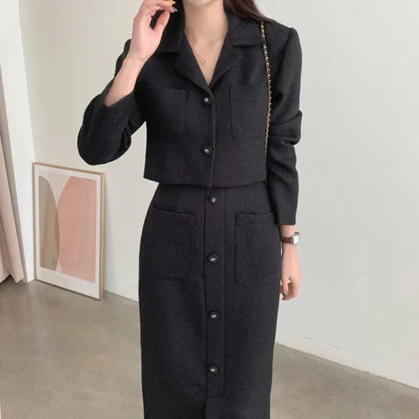 Insozkdg corea Chic Vintage elegante donna vestito giacca gonna monopetto cappotto corto vita alta lungo Hip Tweed gonna divisa Set 4