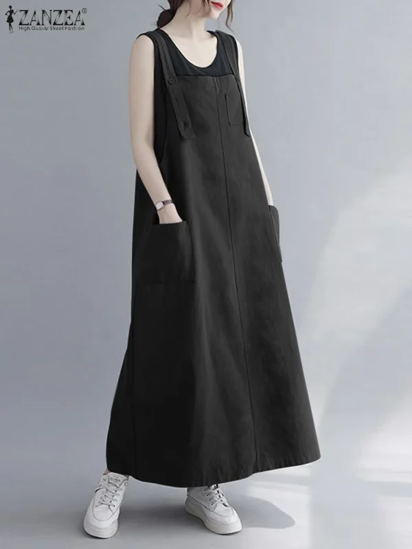 ZANZEA Spalline Regolabili Abiti 2023 Donne di Estate Senza Maniche Maxi Vestito di Moda Abbigliamento Da Lavoro Tasche Abiti Streetwear 2