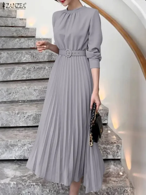 Elegante autunno abito a linea ZANZEA abiti da donna da ufficio 2025 elegante O collo manica lunga lavoro Midi Vestido vestito estivo a pieghe solido 1