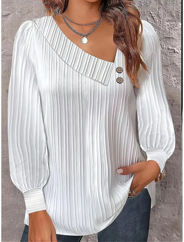 Boho Camicetta bianca da donna Top Autunno Casual Semplice scollo a V Bottoni Camicia a pieghe a maniche lunghe nera T-shirt da donna allentata 3