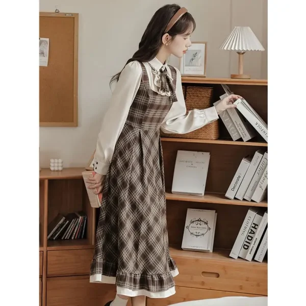Abito scozzese stile francese Donna Primavera Autunno Falso in due pezzi con fiocco Abiti lunghi Abiti eleganti da festa vintage 2