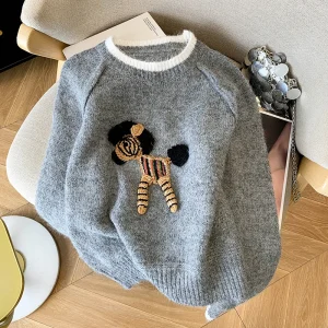 Maglieria da donna grigia cartone animato girocollo manica lunga Y2K estetica giapponese Harajuku carino casual autunno inverno maglione vestiti 1
