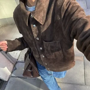 HH Street Fashion Giacca in pelle scamosciata da donna Maniche lunghe tinta unita Tasca con risvolto Decorata Cappotti vintage autunnali per colazione singola 1