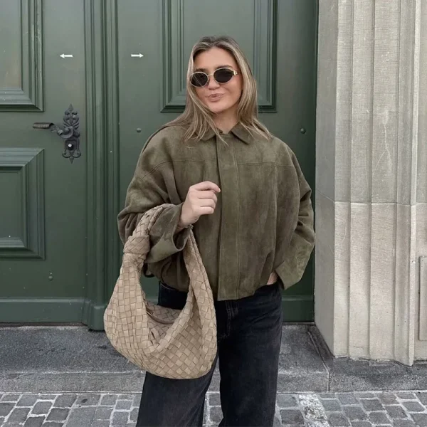 Bomber da donna Cappotti Moda Colletto rovesciato Manica lunga Cappotti larghi Capispalla femminile vintage Top chic 2