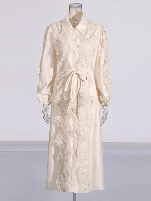 TWOTWINSTYLE Abito elegante ricamato per donna Risvolto Manica a lanterna Vita alta Patchwork Monopetto Abiti eleganti Donna 4