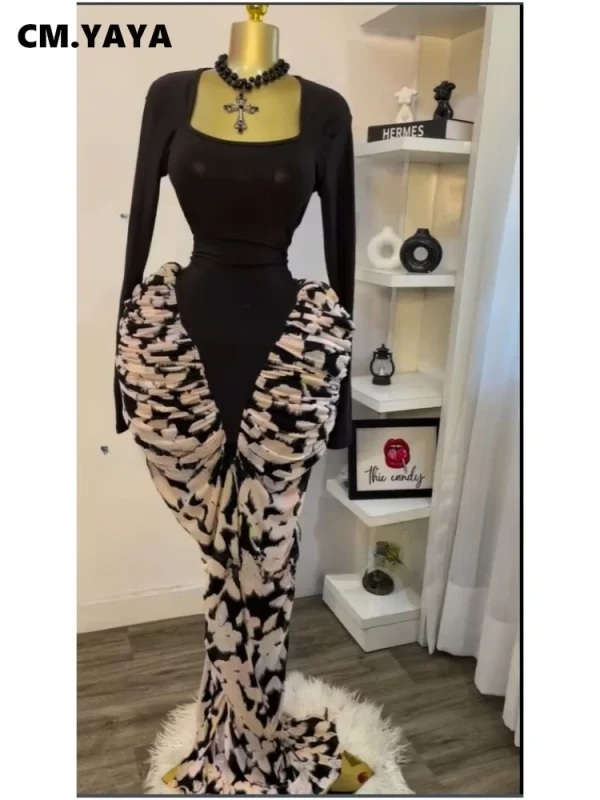 CM.YAYA Abito lungo maxi midi aderente senza maniche increspato impilato patchwork da donna 2025 Abiti da festa sexy per le vacanze di compleanno 3