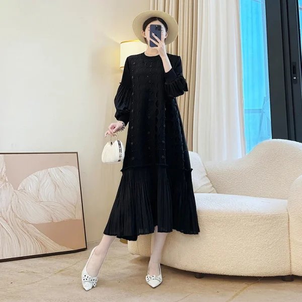 LANMREM Nicchia Perline Design Abito da donna a pieghe larghe Colletto tondo Manica a lanterna Scava fuori Patchwork Famale Abbigliamento DB5110 4
