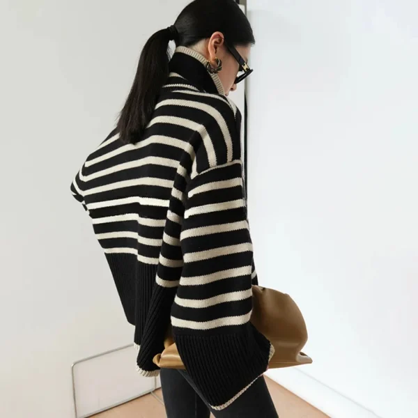2025 Pullover dolcevita a righe da donna Maglioni con spacco laterale a colori a contrasto a costine Autunno Inverno Y2K Chic High Street Top lunghi 6
