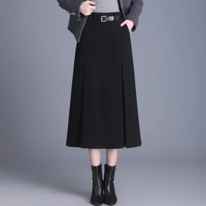 Gonna longuette a vita alta alla moda a vita alta Gonne a mezza lunghezza in lana da donna Primavera Autunno Gonne a pieghe per pendolari di nuovo stile 1