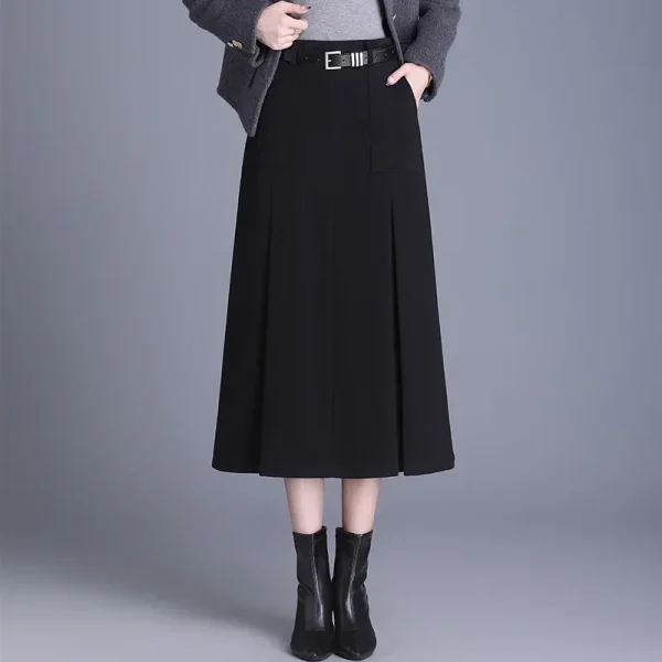 Gonna longuette a vita alta alla moda a vita alta Gonne a mezza lunghezza in lana da donna Primavera Autunno Gonne a pieghe per pendolari di nuovo stile 1