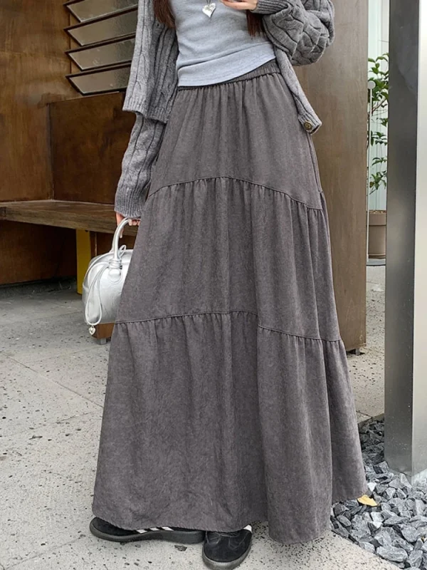 Qiukichonson Gonna lunga maxi grigia Donna 2024 Moda coreana Autunno Inverno Casual Gonne a pieghe con volant a vita alta 90 cm Rok 3