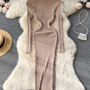 SINGREINY Abito lungo in maglia da donna invernale o collo autunno manica lunga slim solido Harajuku moda donna maglione a matita abiti lunghi 1