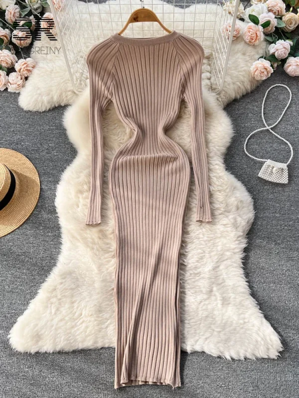 SINGREINY Abito lungo in maglia da donna invernale o collo autunno manica lunga slim solido Harajuku moda donna maglione a matita abiti lunghi 1